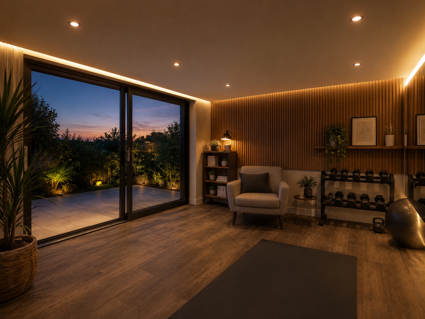 Grandform garden room project with large glazing and timber-style exterior finish